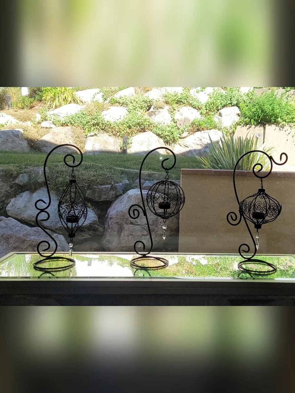 Vintage Tabletop Tealight Candle Lanterns with S Scrolling Design. Wrought Iron